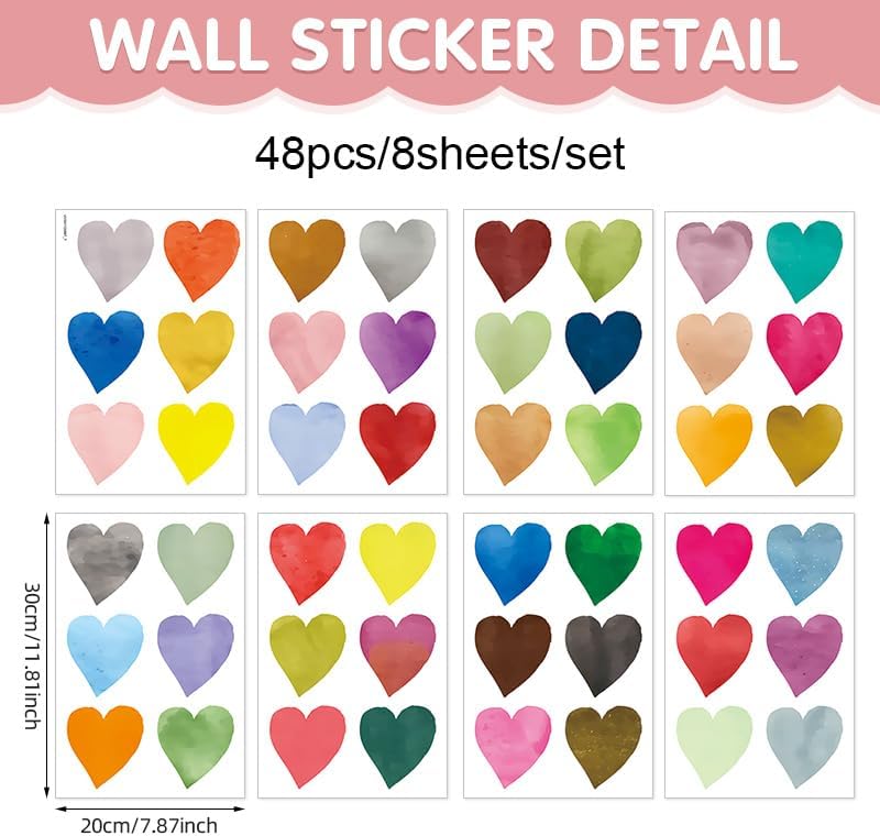 Kasubeso Colorful Heart Wall Stickers,Watercolor Heart Wall Decals for Kids Bedroom Wallpapper Nursery Living Room Classroom Wall Décor - Image 2